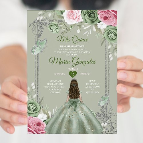 Sage Green Pink Mis Quince 15 Anos Crown Invitation