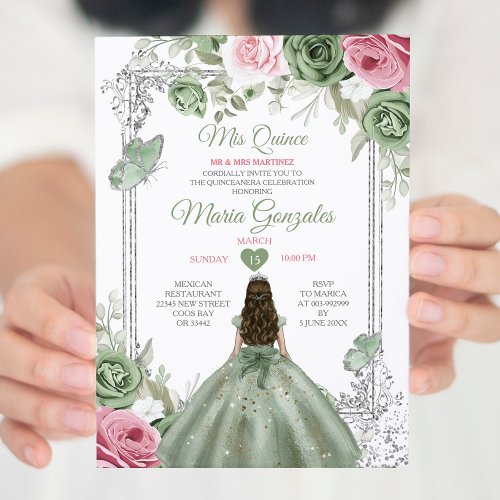 Sage Green Pink Mis Quince 15 Anos Crown Invitation