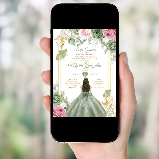 Sage Green Pink Mis Quince 15 Anos Crown Invitation (Front Digital)