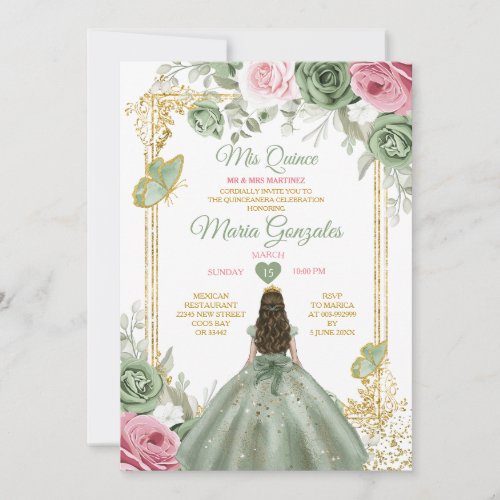 Sage Green Pink Mis Quince 15 Anos Crown Invitation