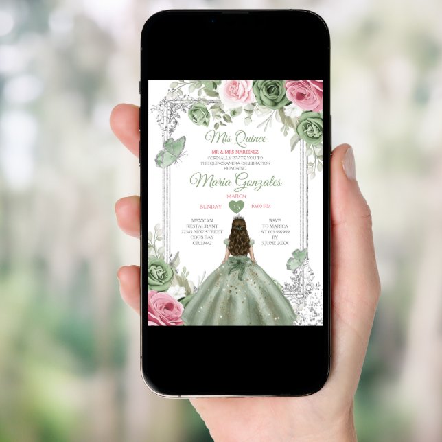 Sage Green Pink Mis Quince 15 Anos Crown Invitation (Front Digital)