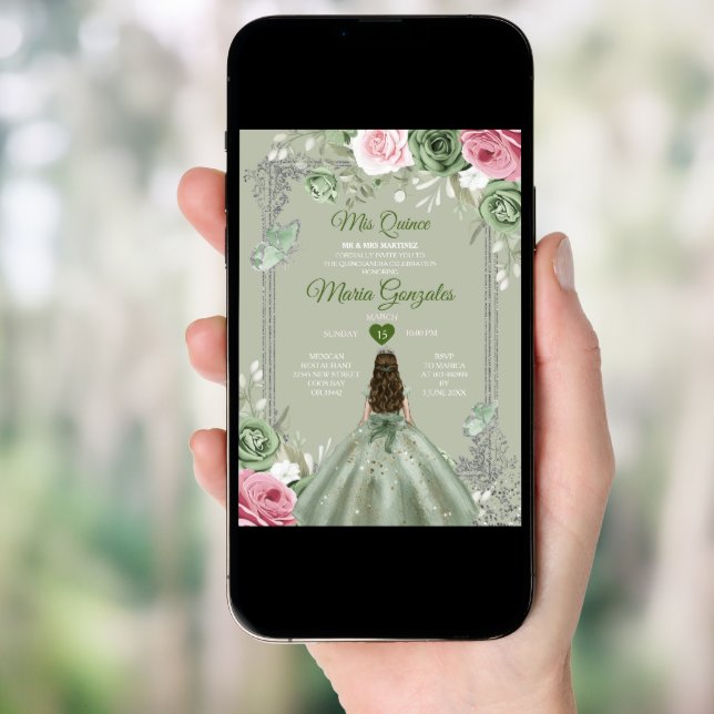 Sage Green Pink Mis Quince 15 Anos Crown Invitation (Front Digital)