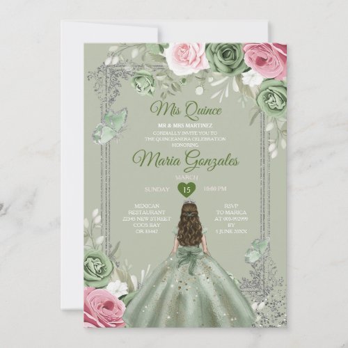 Sage Green Pink Mis Quince 15 Anos Crown Invitation