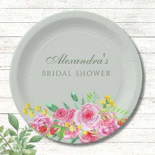 Sage Green Pink Peony Bridal Shower Paper Plates