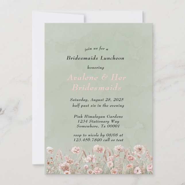 Sage Green Pink Peony Bridesmaids Luncheon Invitation (Front)
