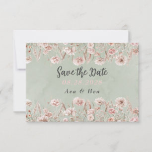 Sage Green Pink Peony Wedding Save The Date Card
