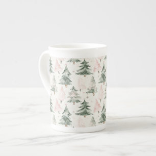 Sage Green & Pink Pine Trees Pattern  Bone China Mug