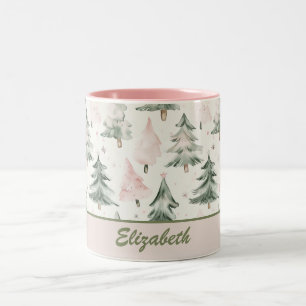 Sage Green & Pink Pine Trees Pattern Two-Tone Coffee Mug