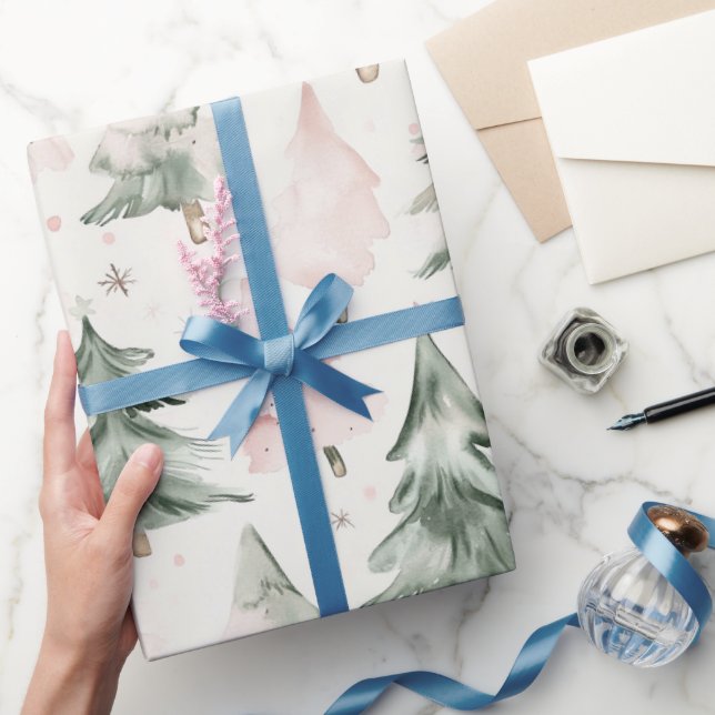 Sage Green & Pink Pine Trees Pattern  Wrapping Paper (Gifting)