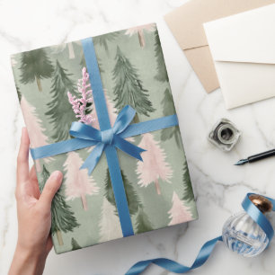 Sage Green & Pink Pine Trees Pattern Wrapping Paper