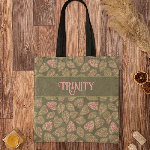 Sage Green Pink Polka Dot Leaves Personalized Tote Bag