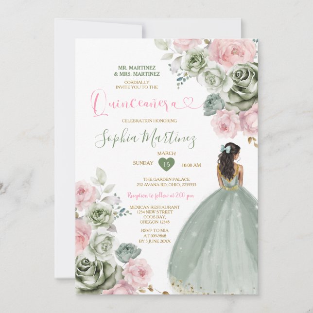 Sage Green & Pink Princess Floral Gold Quiñceanera Invitation (Front)