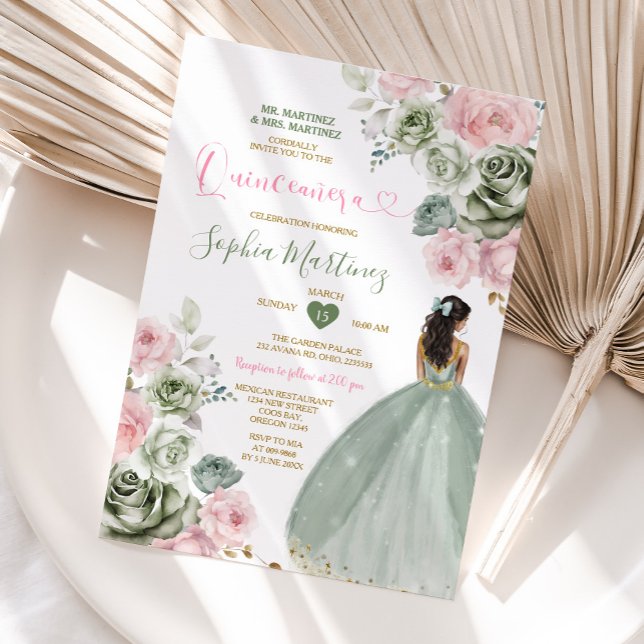 Sage Green & Pink Princess Floral Gold Quiñceanera Invitation (Creator Uploaded)