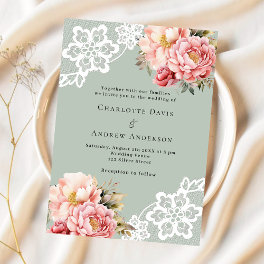 Sage green pink rose gold florals lace wedding invitation