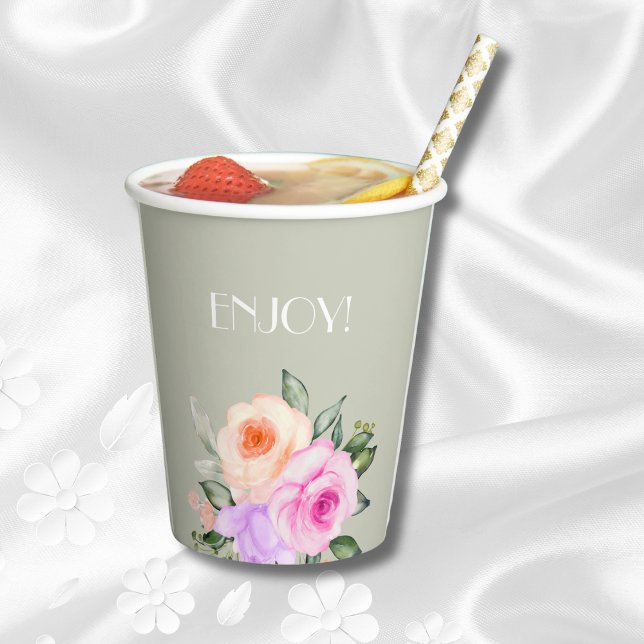 Sage Green Pink Roses Bright Floral Bridal Shower Paper Cups (Creator Uploaded)