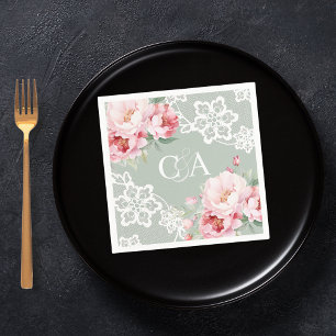 Sage green pink roses florals monogram wedding napkins