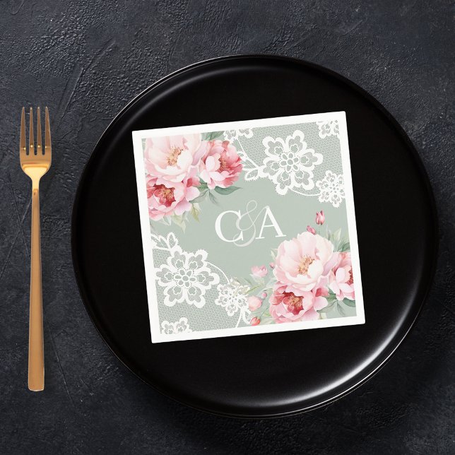 Sage green pink roses florals monogram wedding napkins (Creator Uploaded)