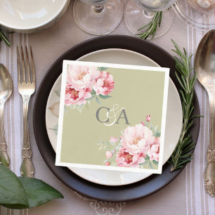 Sage green pink roses florals monogram wedding napkins
