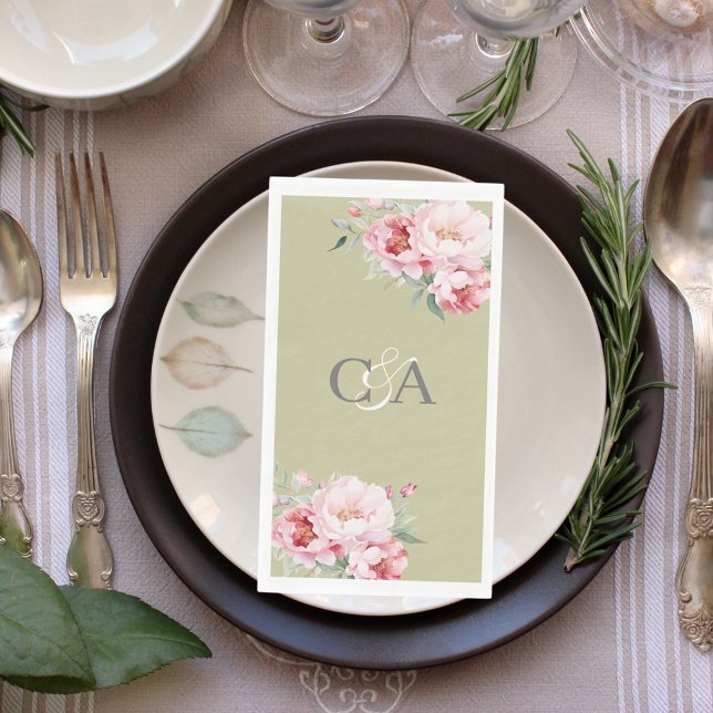 Sage green pink roses florals monogram wedding paper guest towels (Creator Uploaded)