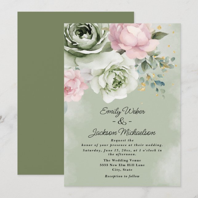 Sage Green Pink Roses Peonies Gold Wedding Invitation (Front/Back)