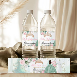Sage Green Pink Sparkly Gown Quinceanera 15 Anos Water Bottle Label