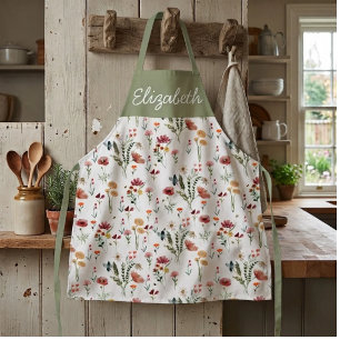 Sage Green Pink Watercolor Wildflower Custom Name  Apron
