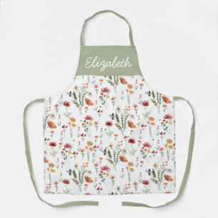 Sage Green Pink Watercolor Wildflower Custom Name Apron