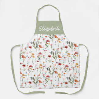 Sage Green Pink Watercolor Wildflower Custom Name  Apron
