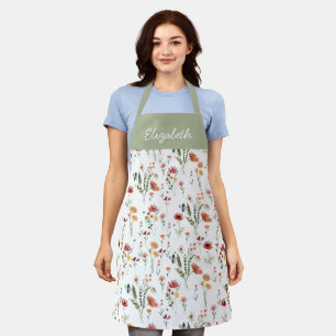 Sage Green Pink Watercolor Wildflower Custom Name Apron
