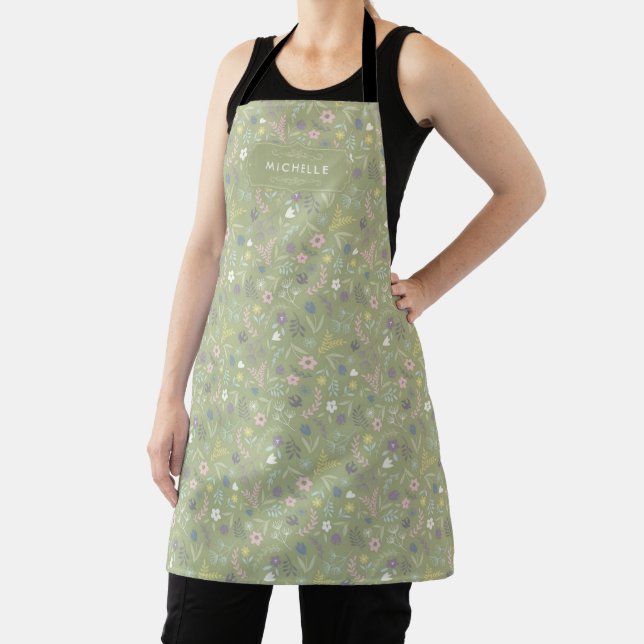 Sage Green Pink White Flowers Floral Boho Pattern Apron (Insitu)