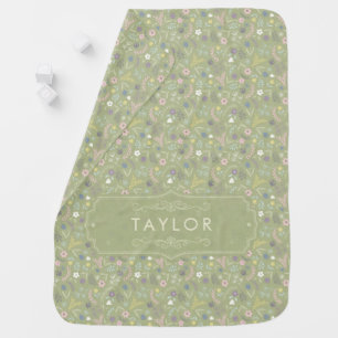 Sage Green Pink White Flowers Floral Boho Pattern Baby Blanket