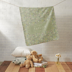 Sage Green Pink White Flowers Floral Boho Pattern Baby Blanket