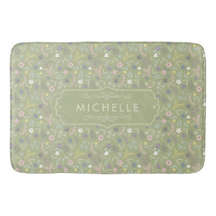 Sage Green Pink White Flowers Floral Boho Pattern Bath Mat