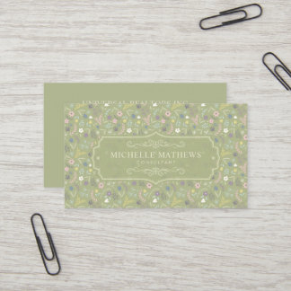Sage Green Pink White Flowers Floral Boho Pattern Business Card