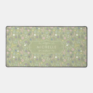 Sage Green Pink White Flowers Floral Boho Pattern Desk Mat