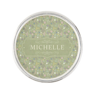 Sage Green Pink White Flowers Floral Boho Pattern Lapel Pin