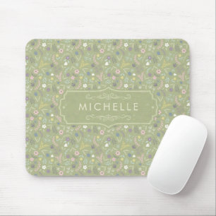 Sage Green Pink White Flowers Floral Boho Pattern Mouse Pad