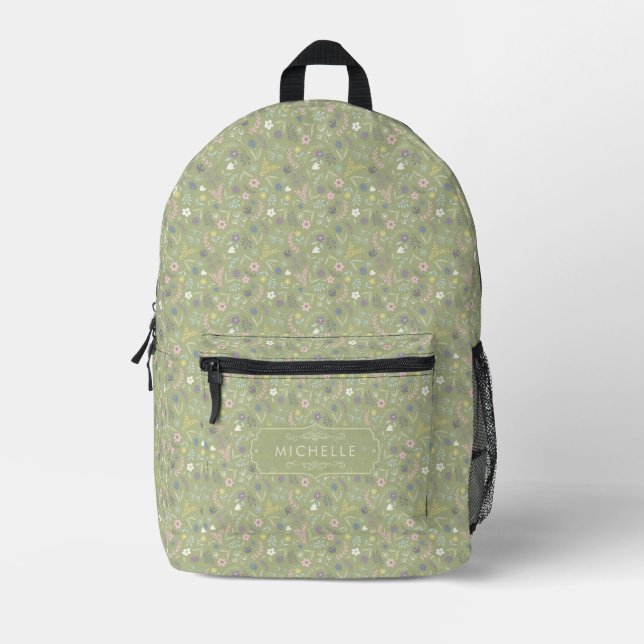 Sage Green Pink White Flowers Floral Boho Pattern  Printed Backpack (Front)