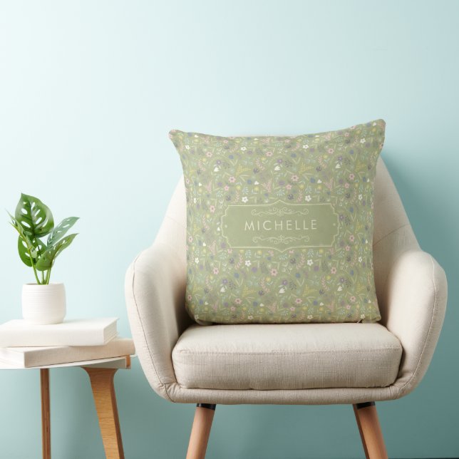 Sage Green Pink White Flowers Floral Boho Pattern Throw Pillow (Chair)