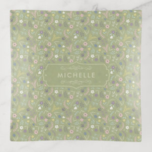Sage Green Pink White Flowers Floral Boho Pattern Trinket Tray