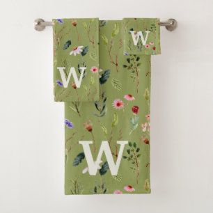Sage Green pink wildflower watercolor  Monogram Bath Towel Set