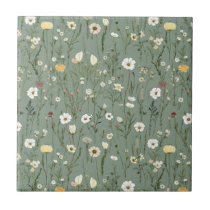 Sage Green Pink Yellow White Floral Seamless Ceramic Tile