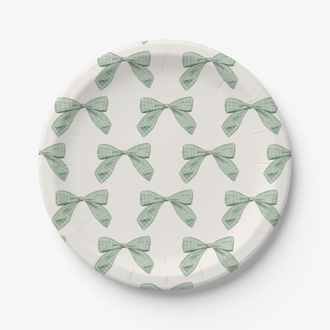 Sage Green Plaid Bow Elegant Boy Baby Shower Paper Plates (Front)