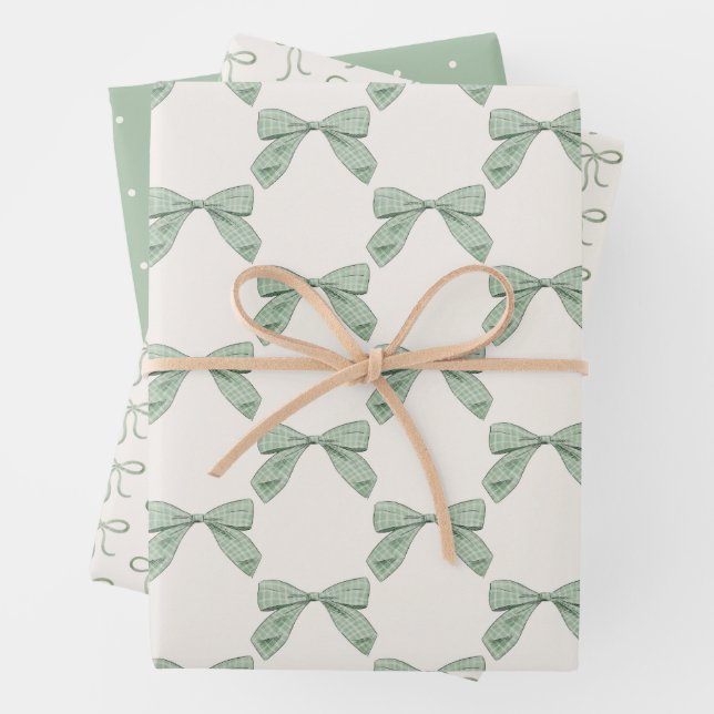 Sage Green Plaid Bow Elegant Neutral Baby Shower Wrapping Paper Sheets (In situ)