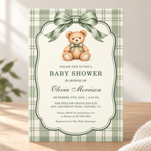 Teddy Bear Sage green Gingham or plaid baby shower invitation