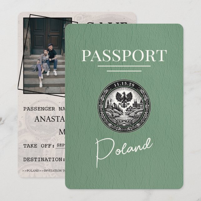 Sage Green Poland Passport Save The Date (Front/Back)