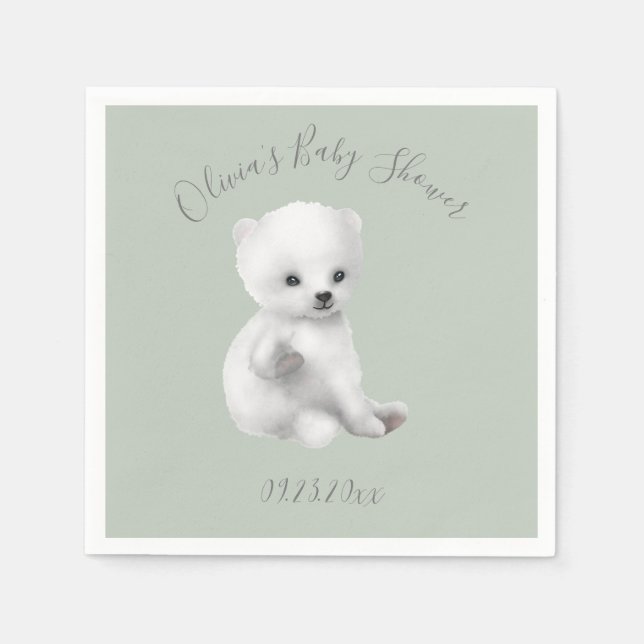Sage Green Polar Bear Baby Shower Napkins (Front)