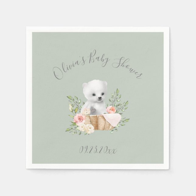 Sage Green Polar Bear Baby Shower Napkins (Front)