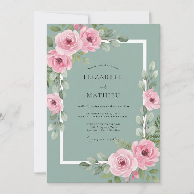 Sage Green Polished Rose Botanical Wedding Invitation (Front)