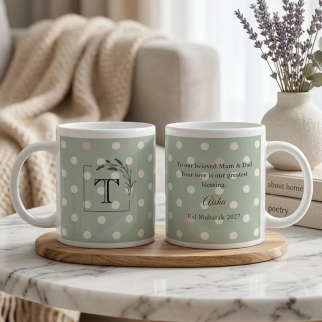 Sage Green Polka Dot Monogram Parents’ Gift Giant Coffee Mug (Creator Uploaded)